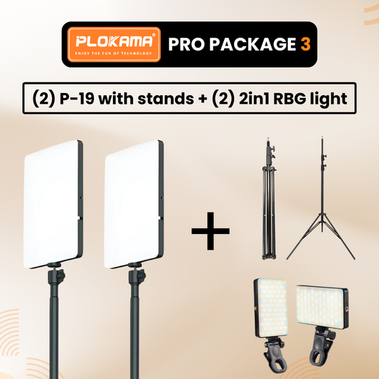 Plokama Pro Package 3 – Dual P-19 LED Lights with Stand + 2-in-1 RGB Light