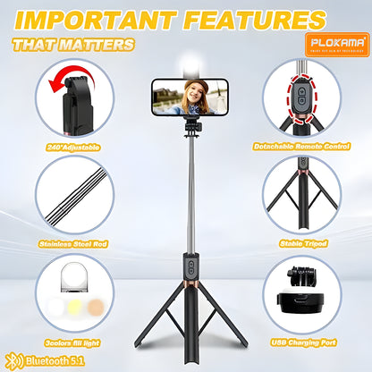 4 in 1 Selfie Stick + Tripod Stand with Light and Wireless Remote