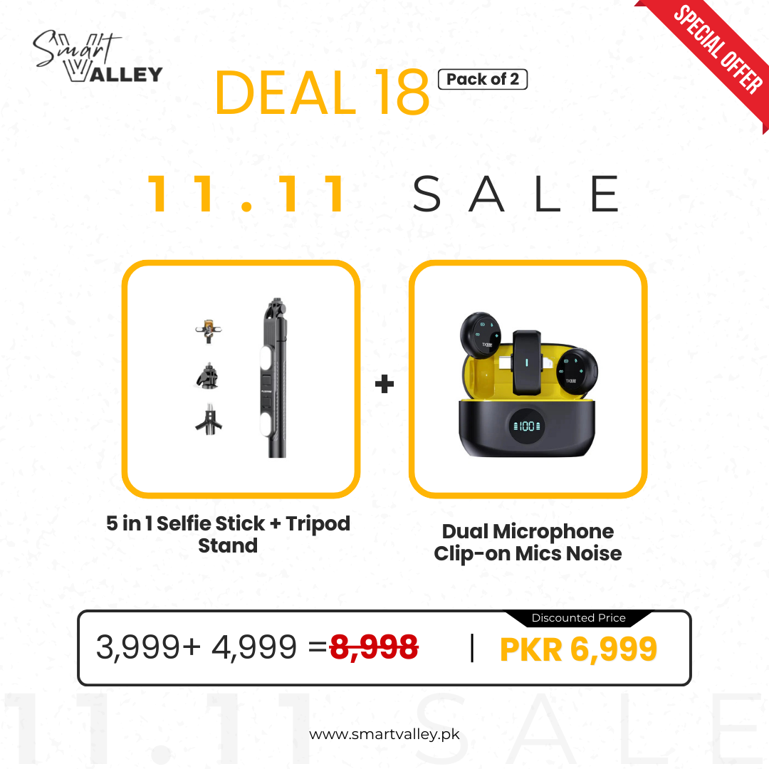 Deal 18 (5 in 1 Selfie Stick + Dual Microphone Clip-on Mics Noise)