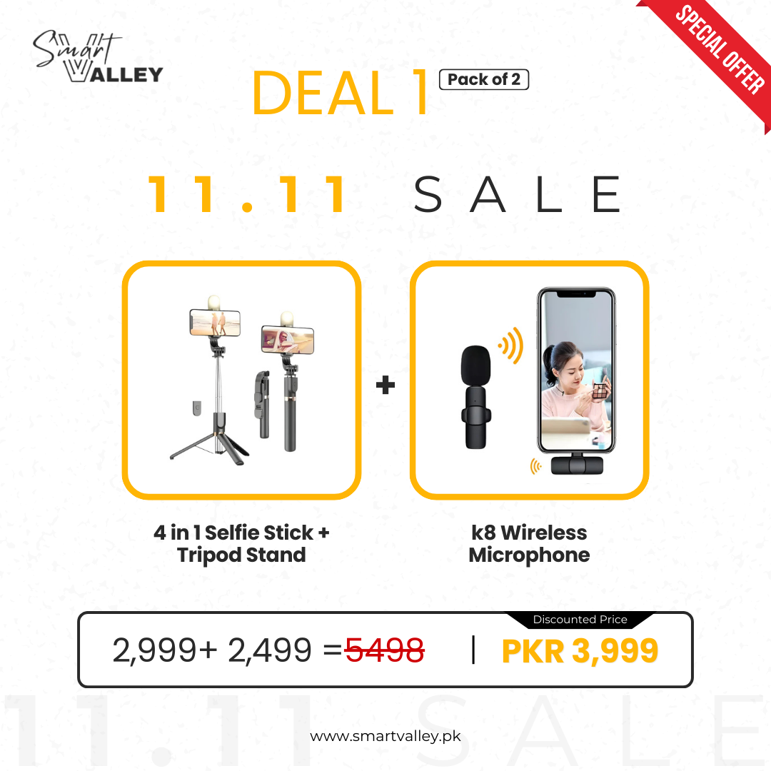 Deal 1(4 in 1 Selfie Stick + Tripod Stand +k8 Wireless Microphone)