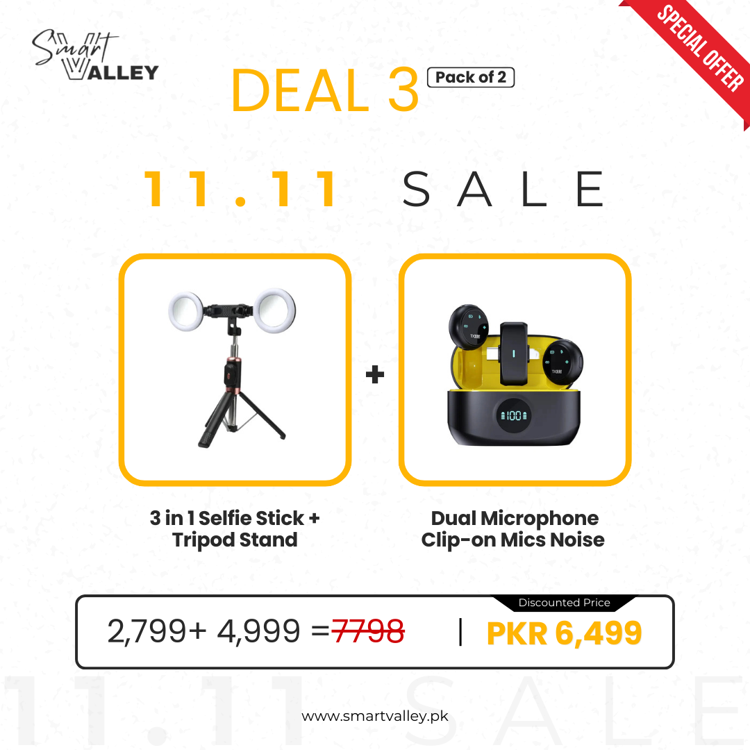 Deal 3 (3 in 1 Selfie Stick + Tripod Stand +Dual Microphone Clip-on Mics Noise)