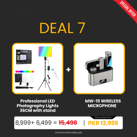 Deal 7 (Professional LED Photography Lights - 36CM with stand+MW-15 WIRELESS MICROPHONE)