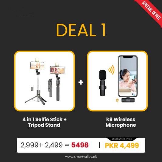 Deal 1(4 in 1 Selfie Stick + Tripod Stand +k8 Wireless Microphone)