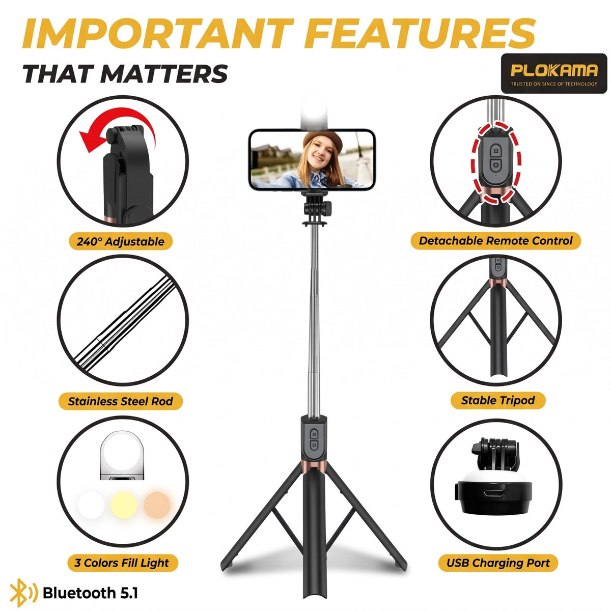 4 in 1 Selfie Stick + Tripod Stand with Light and Wireless Remote