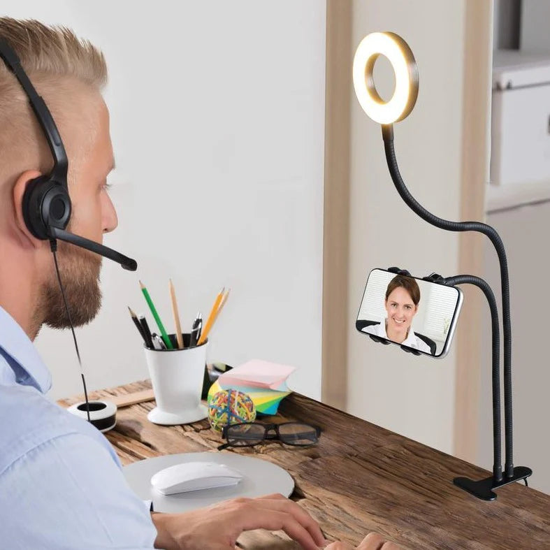 2 in 1 Led Selfie Ring Light with Phone Holder Desk Lamp Lazy Bracket Tabletop Stand 360' Flexible